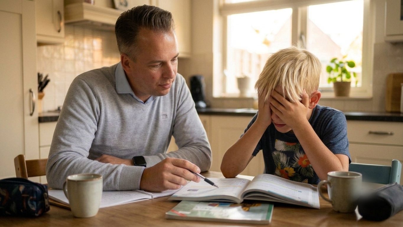 Een vader helpt zijn zoon met huiswerk aan de keukentafel